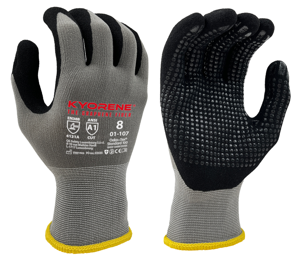 01-107  / 15 gauge Kyorene Micro-foam nitrile palm coating w/dots cut A
