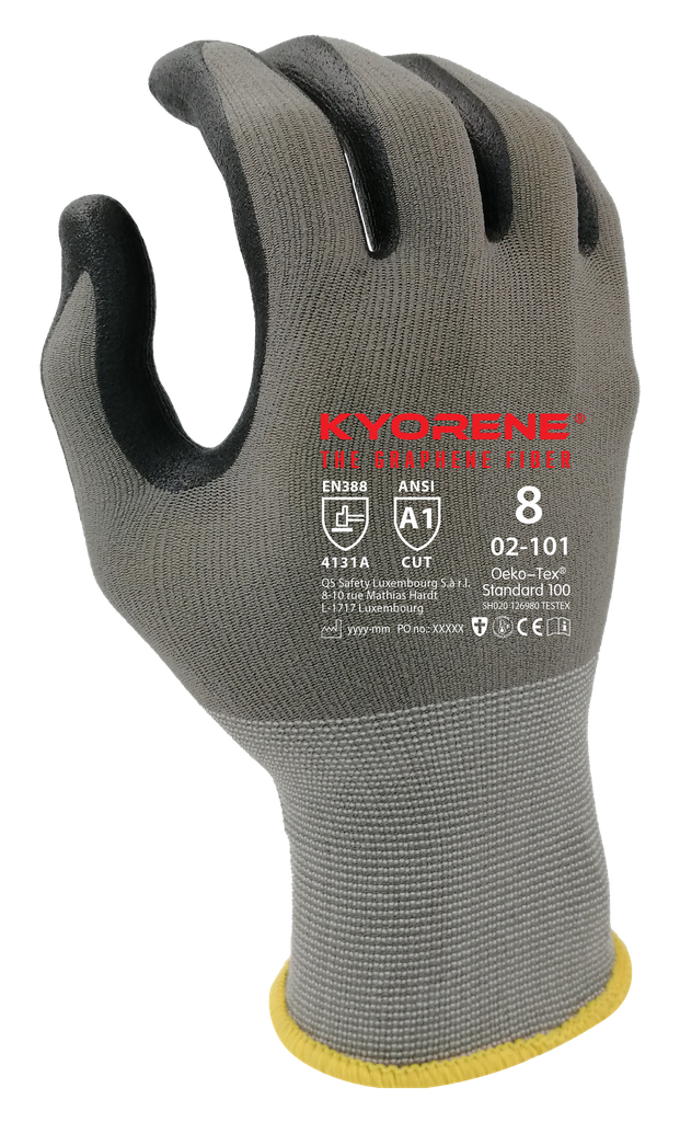 02-101  / 15 gauge Kyorene black nano-foam palm nitrile coating cut A