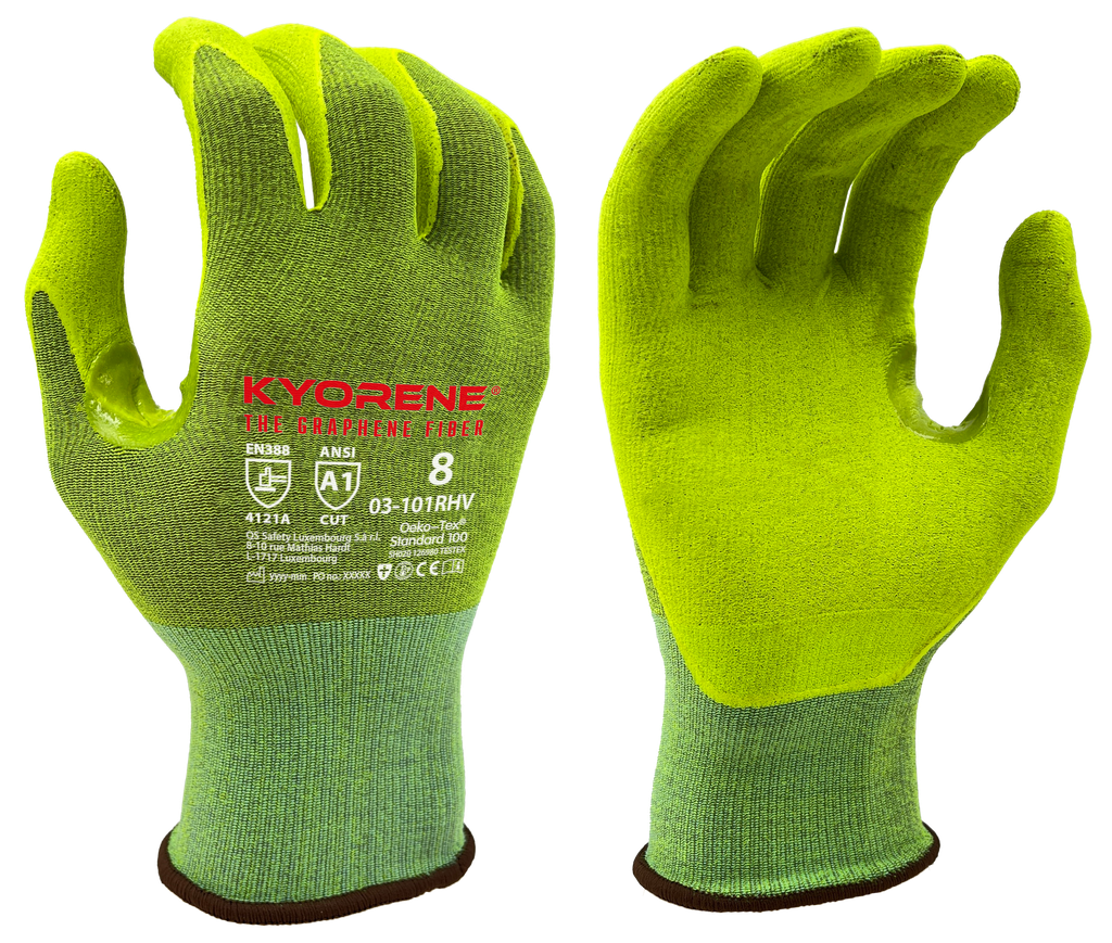 03-101R HV  / 15 gauge Kyorene High visibility. Nitrile palm coating cut A