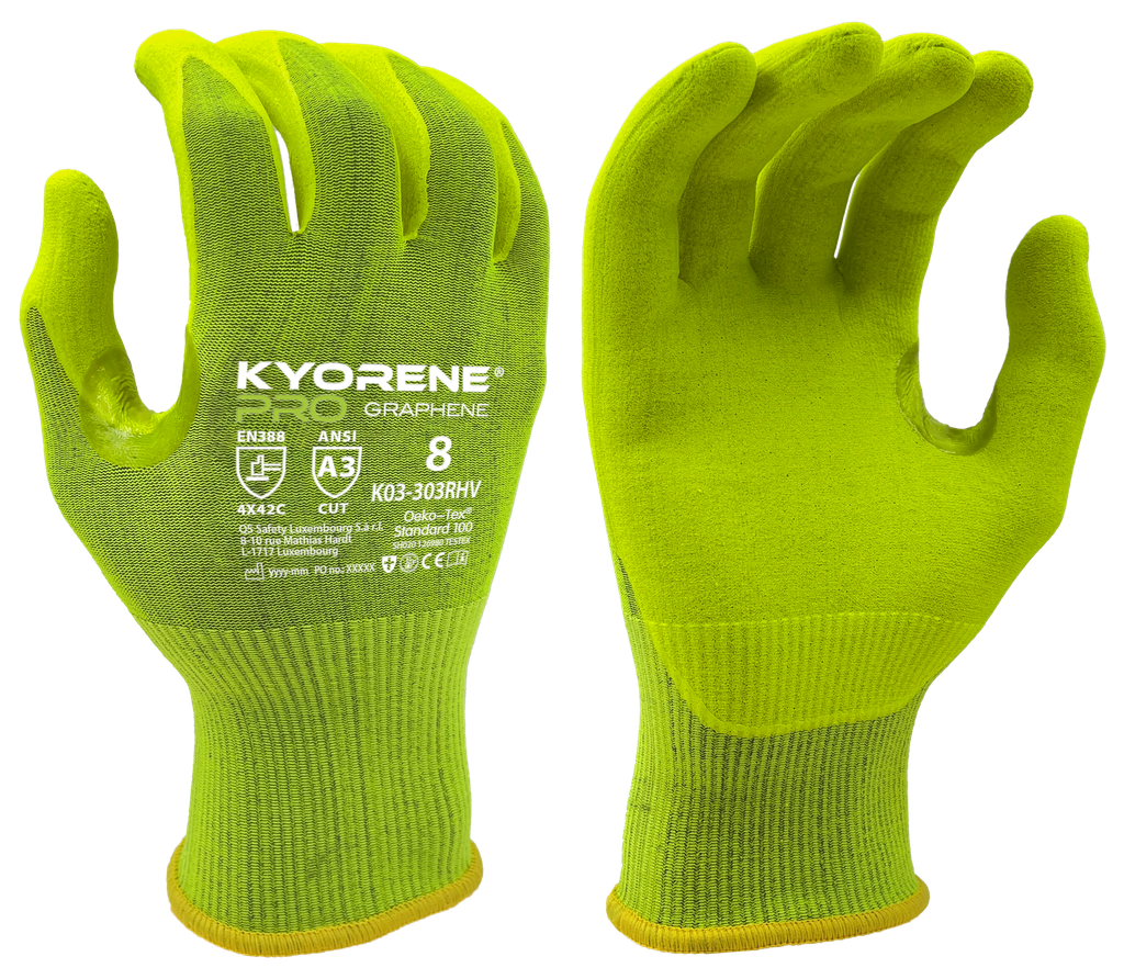 K03-303R HV  / 18 gauge Kyorene Pro high visibility lite nitrile palm coating cut C