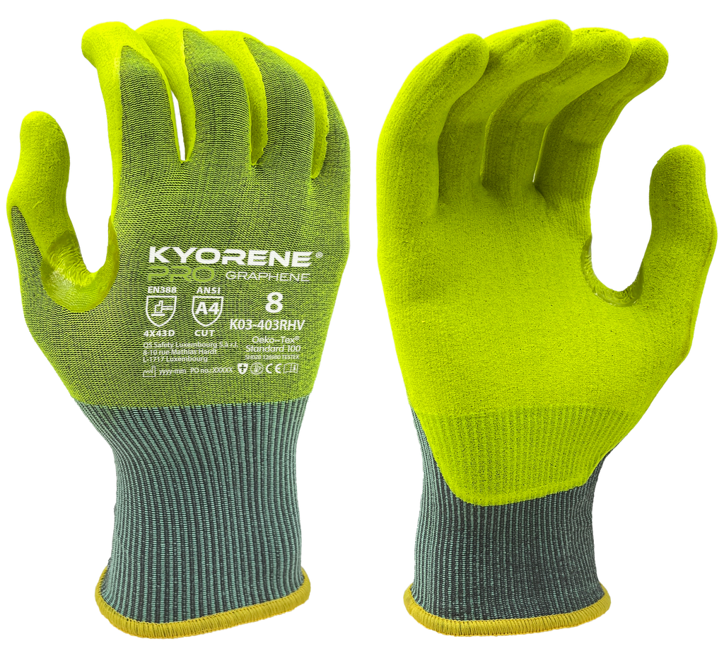 K03-403R HV  / 18 gauge Kyorene high visibility lite nitrile palm coating cut D