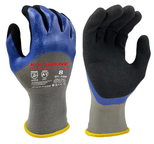 01-109  / 15 gauge Kyorene. Nitrile Knuckle coating and & micro-foam palm cut A grijs/zwart/blauw