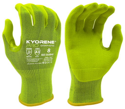 K03-303R HV  / 18 gauge Kyorene Pro high visibility lite nitrile palm coating cut C fluo geel/groen