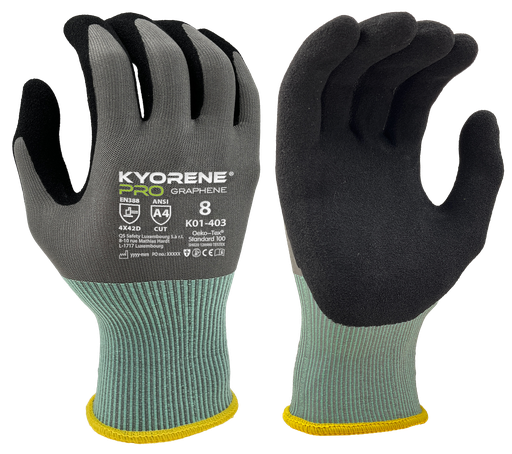 K01-403  / 18 gauge Kyorene Pro micro-foam nitrile palm coating cut D grijs/groen